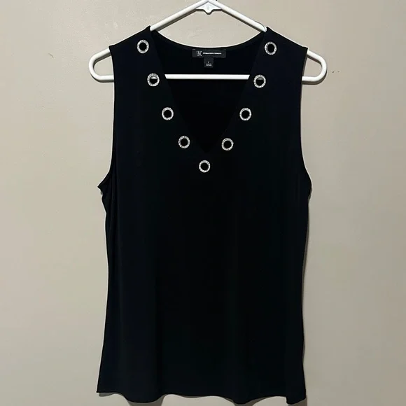 INC International Concepts Black Sleeveless V-Neck Tank with Silver Ring Trim - Picture 1 of 3